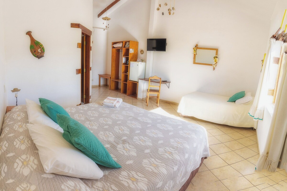 Un dormitorio con una cama, un escritorio, una silla, un televisor y un armario.