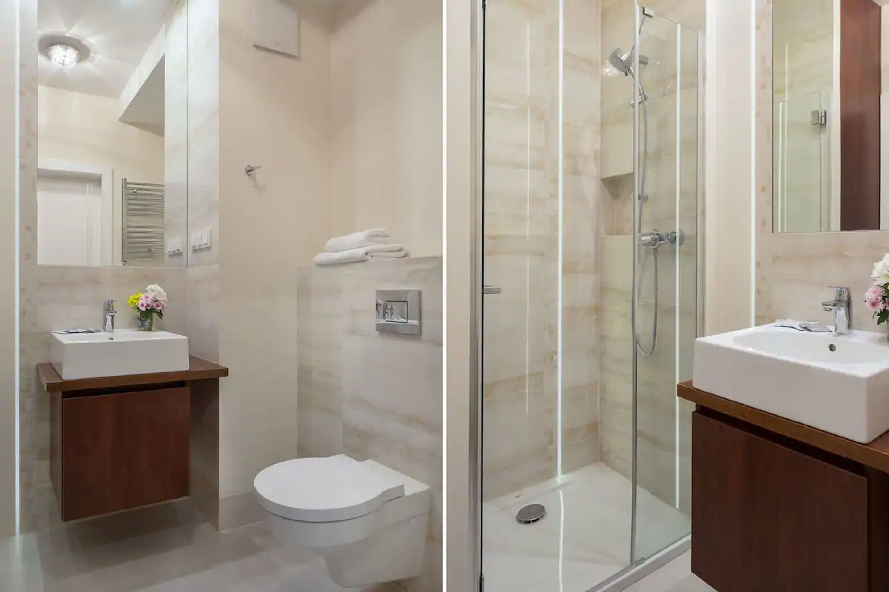 suite | bathroom | shower, hair dryer, towels