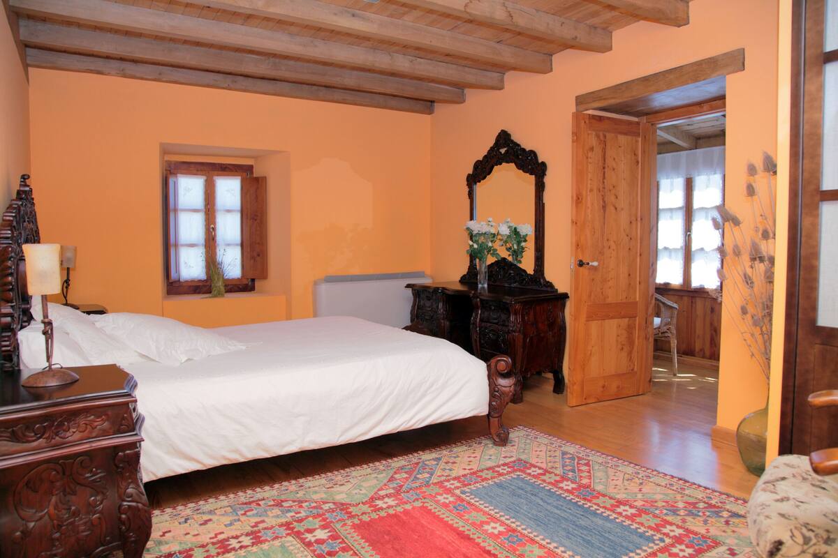 A bedroom with a bed, wooden furniture, a mirror, and a patterned rug.