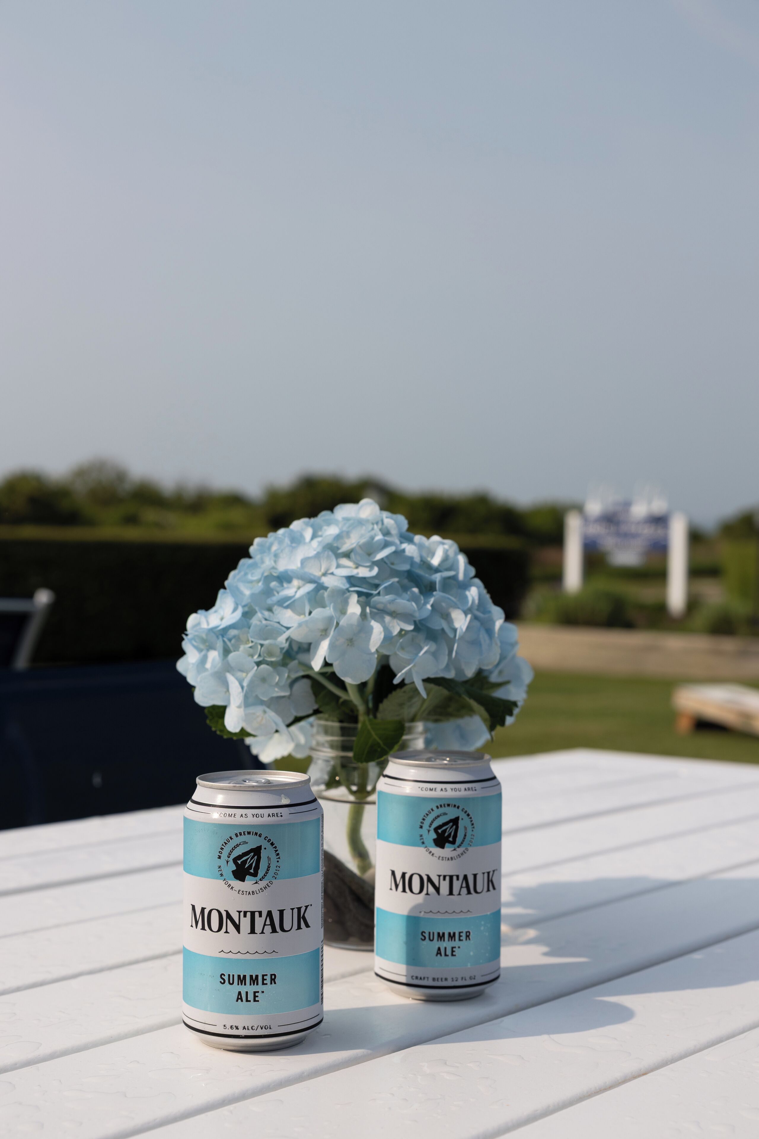 Kaksi Montauk Summer Ale -oluttölkkiä valkoisella pöydällä, taustalla sinisten hortensioiden maljakko.