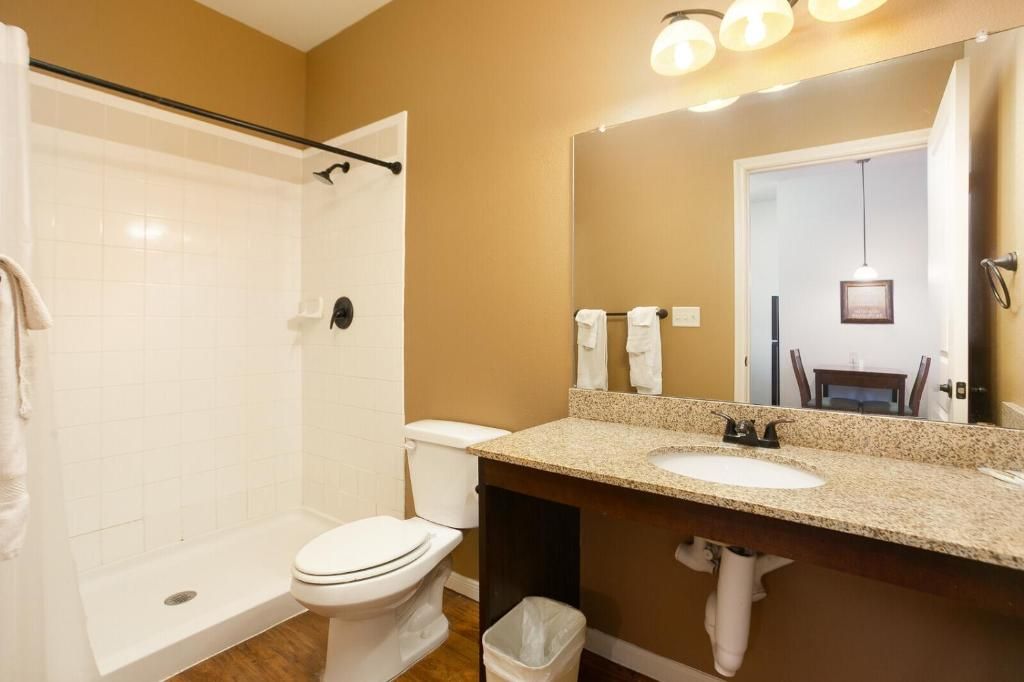 Un baño con ducha, inodoro, lavamanos y espejo.