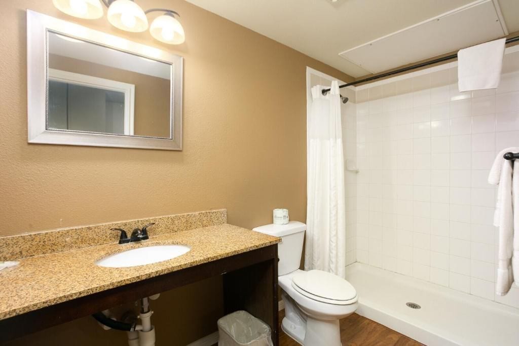 Un baño con lavamanos, espejo, inodoro y ducha.