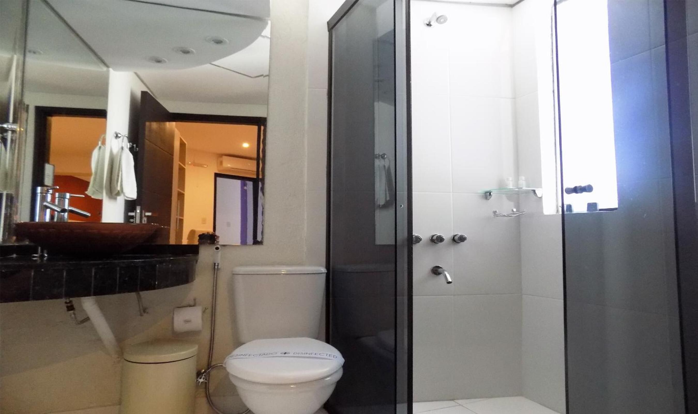 shower, hair dryer, bidet, towels