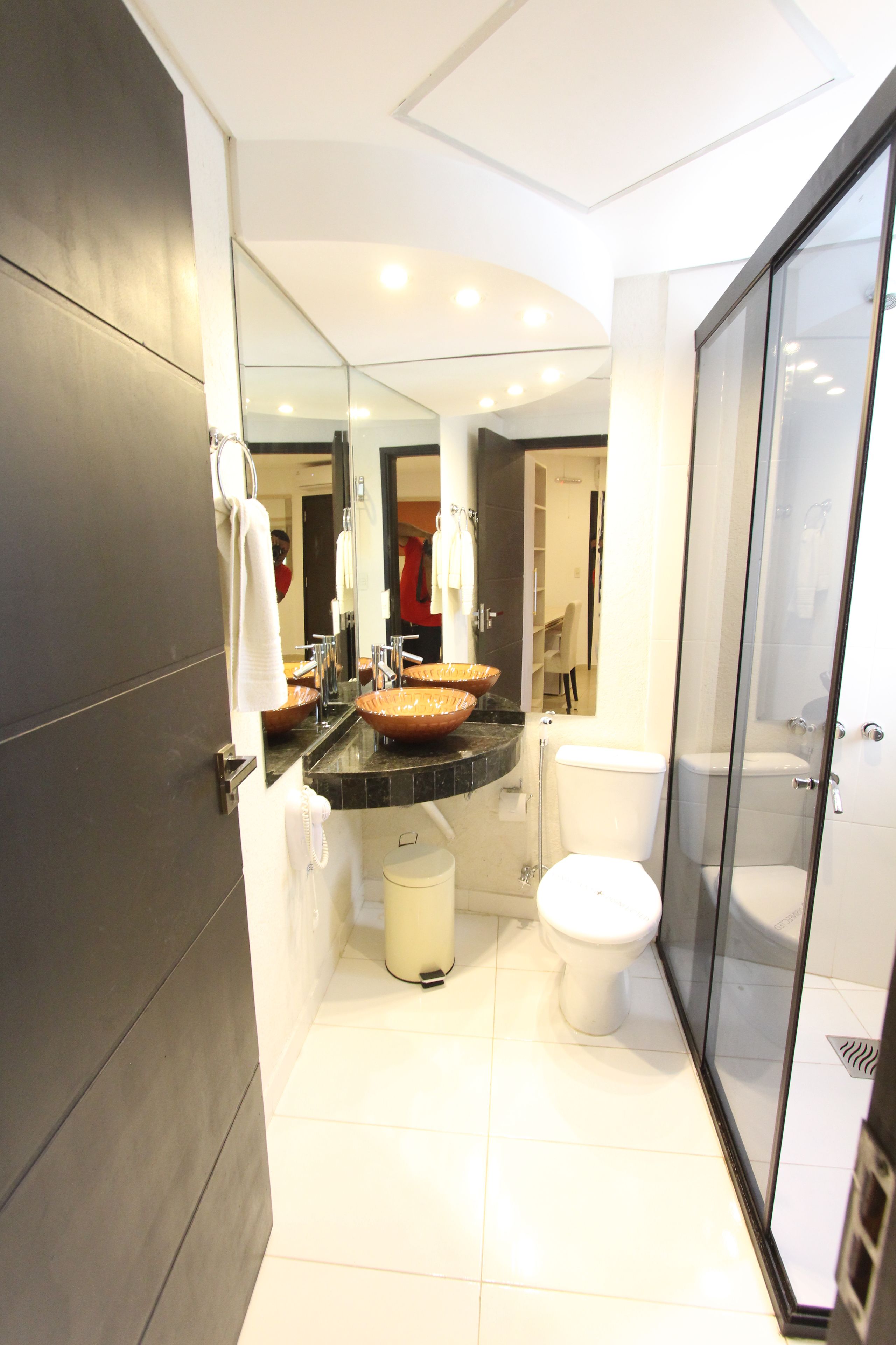 shower, hair dryer, bidet, towels