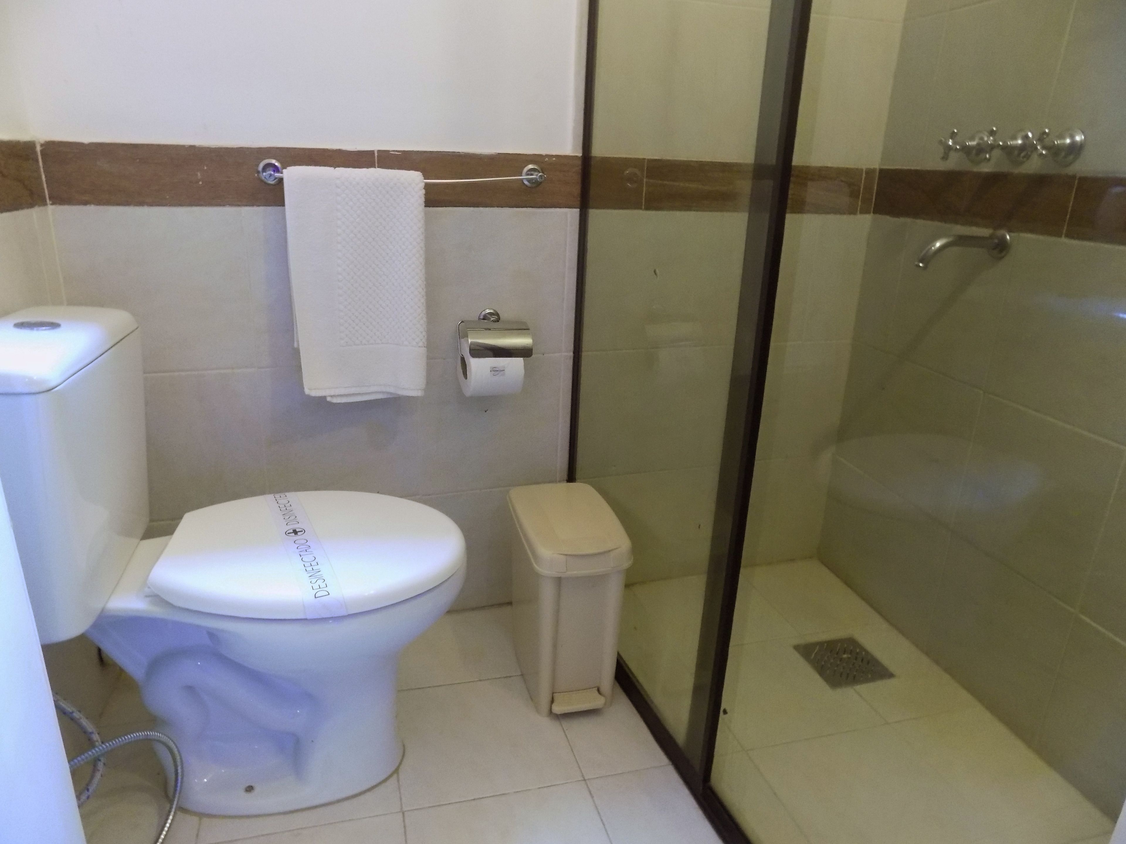 A bathroom with a toilet, a bidet, and a glass-enclosed shower stall.