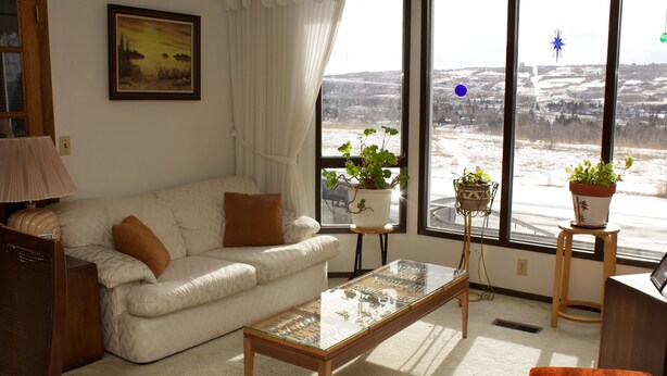 A living room with a white sofa, a glass coffee table, and two potted plants on stands. - Cozy Nest B&B (Calgary)