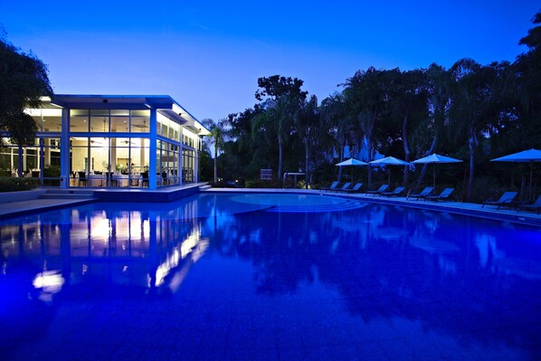 Outdoor pool, pool umbrellas, pool loungers