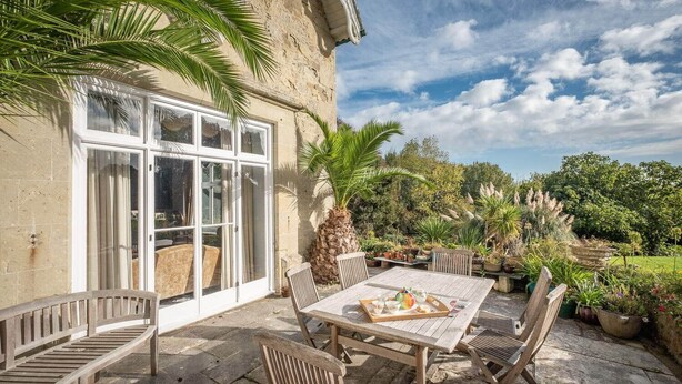 Une terrasse avec une table et des chaises, entourée de plantes en pot et d’un palmier.