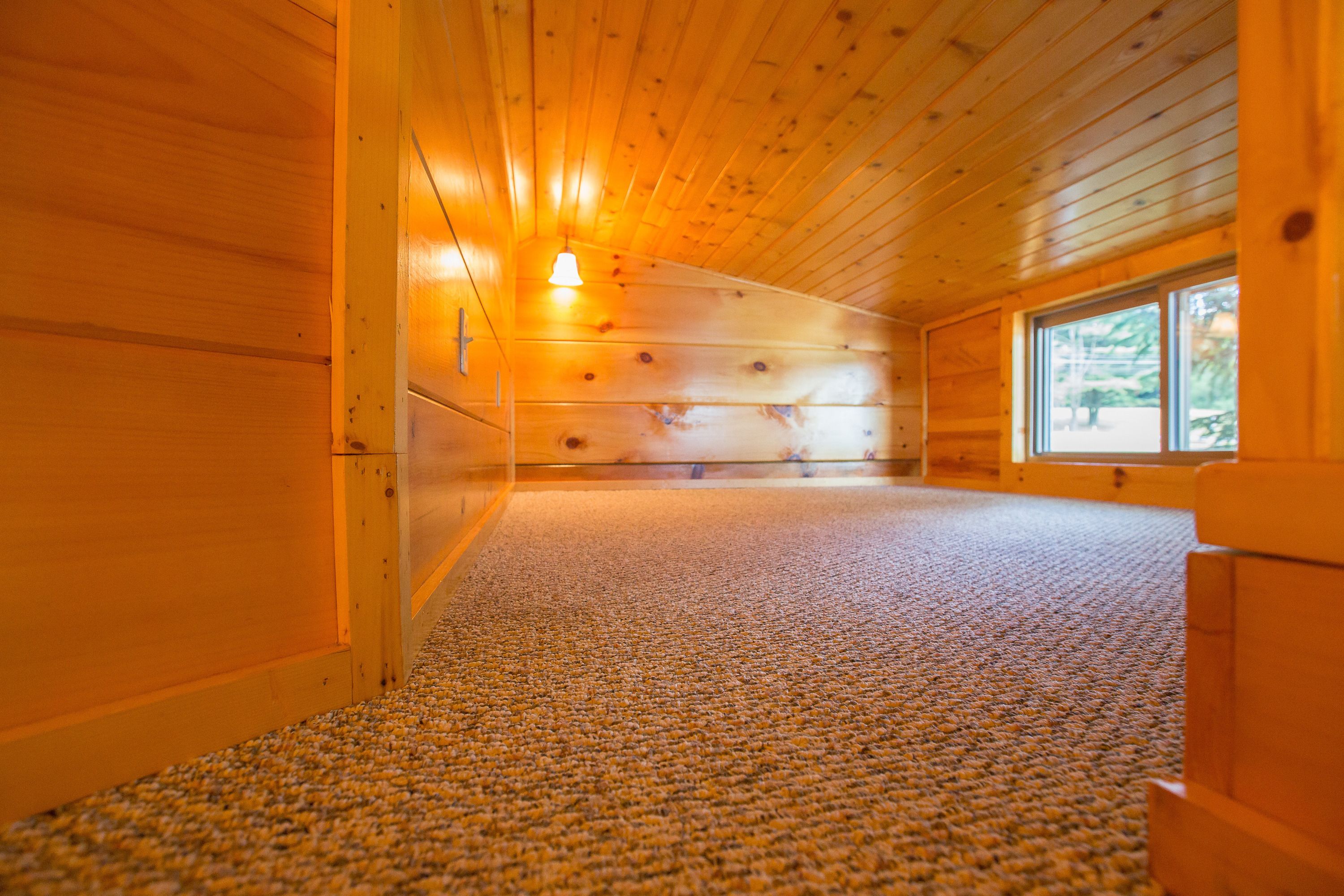 A room with wooden walls and ceiling, carpeted floor, and a window providing natural light.