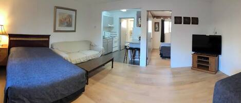 A hotel room with a large bed, a smaller sofa, a TV, a desk, and a kitchenette.
