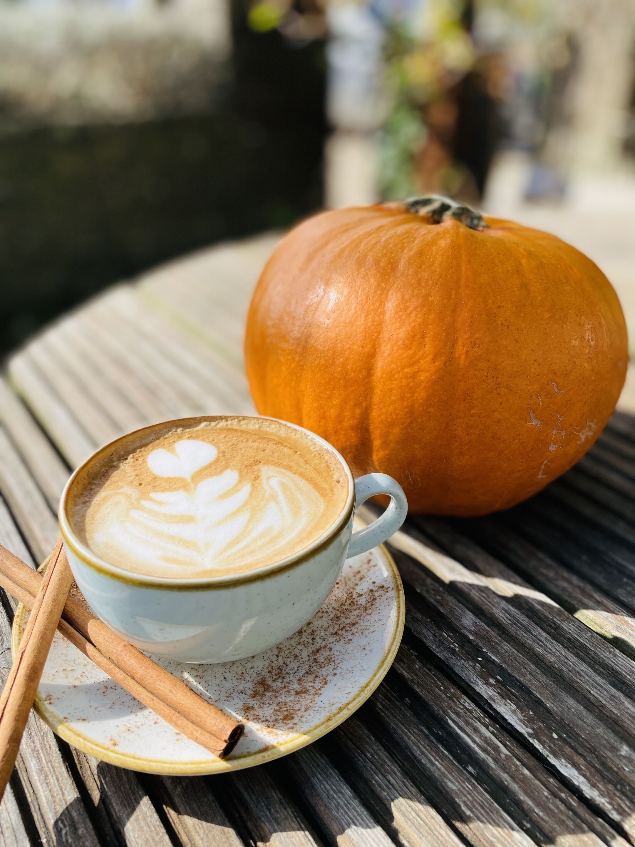 Una taza de café con arte de latte sobre un plato, una rama de canela y una calabaza sobre una mesa de madera.