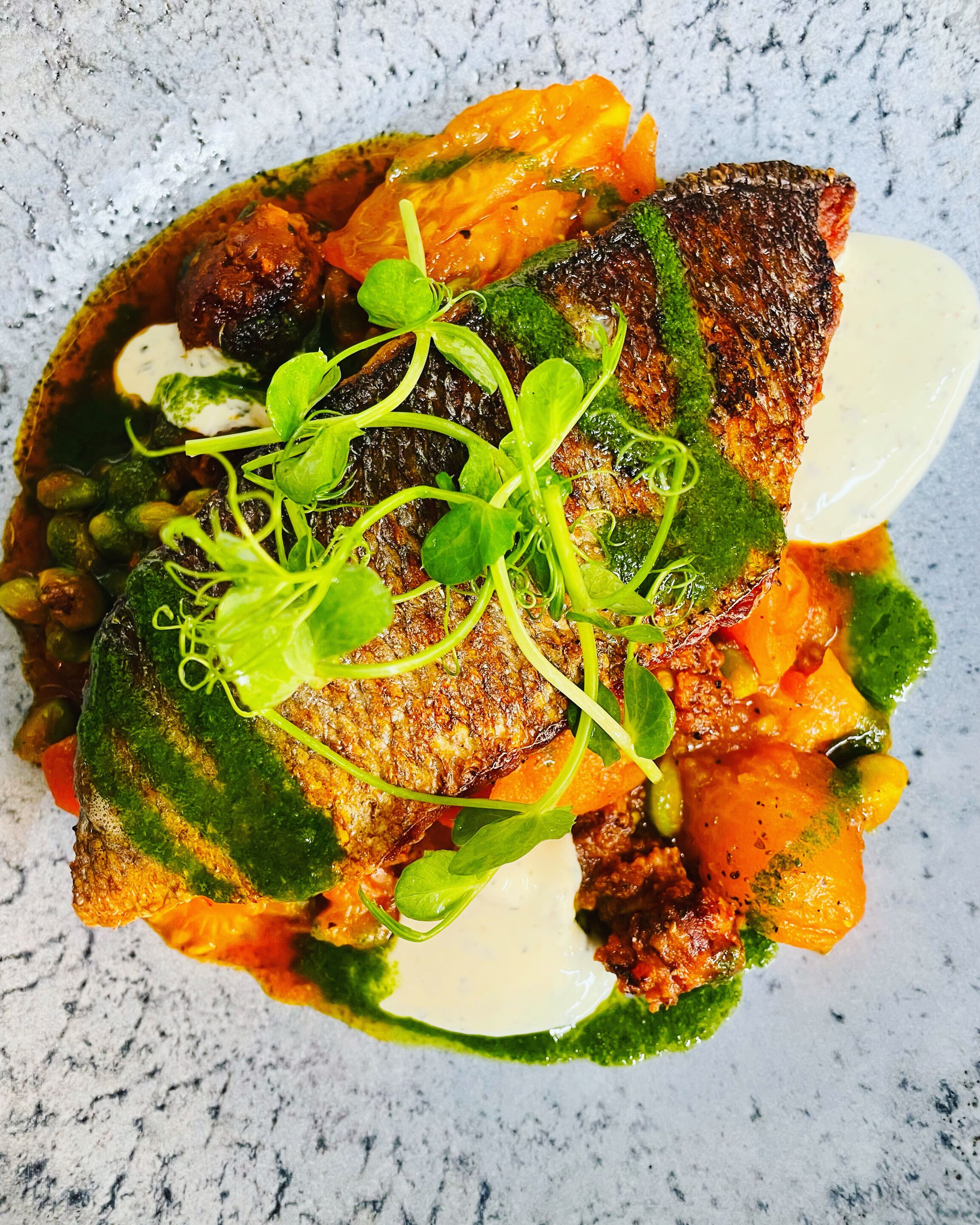 A dish with grilled fish, vegetables, and a creamy sauce, served on a white plate.