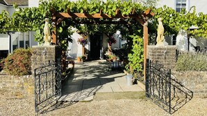 A garden entrance with a pergola covered in grapevines, a pathway leading to a building, and a metal gate.