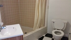 A bathroom with a white sink, a toilet, and a shower area. - Essex House Motel (Littleton)