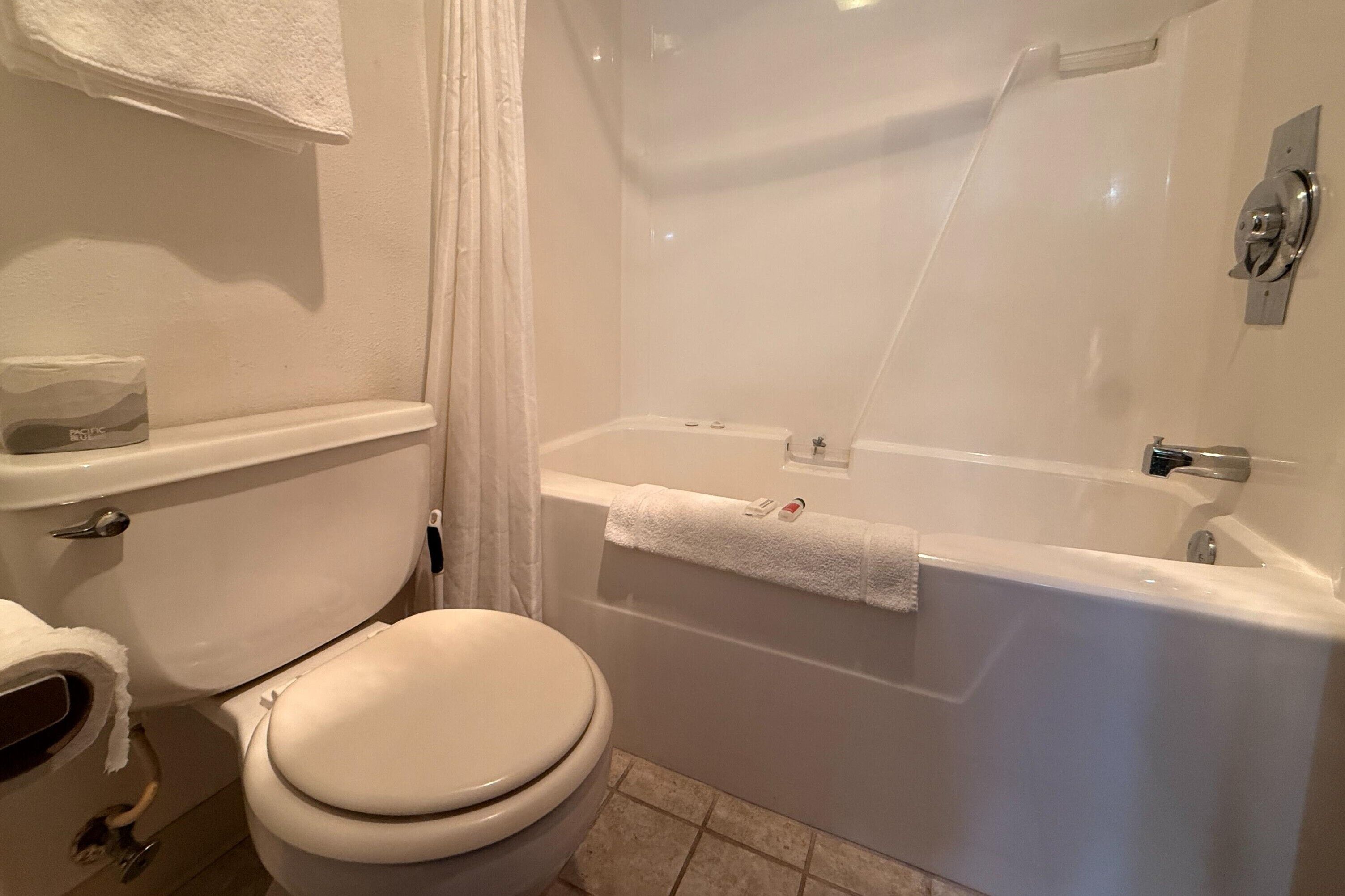 Une salle de bain équipée de toilettes, d’une baignoire et d’un rideau de douche.