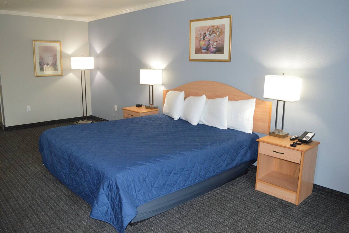 A hotel room with a large bed, two bedside tables with lamps, and two framed pictures on the walls.