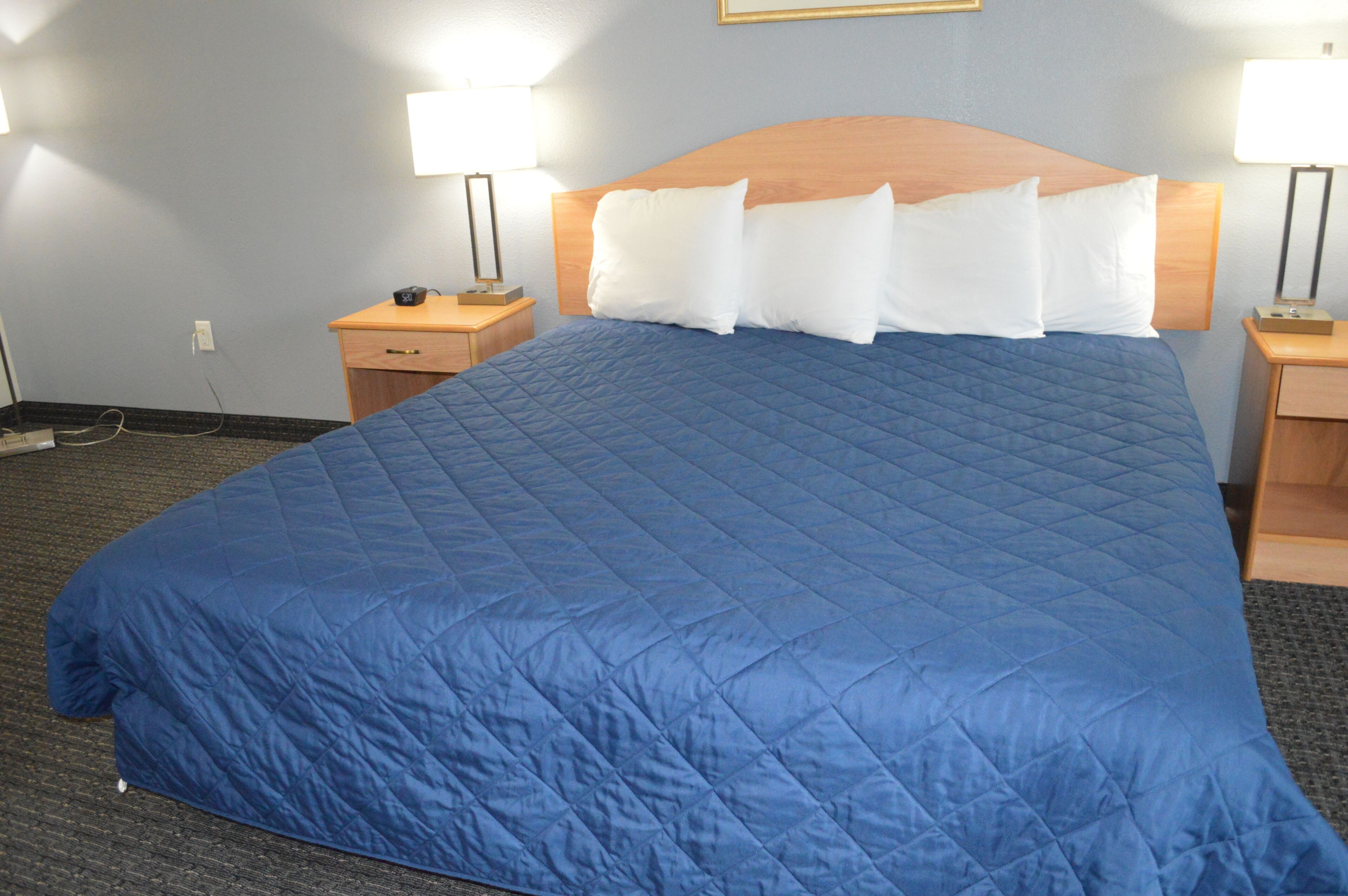 A hotel room with a large bed, two bedside tables, and two wall-mounted lamps.