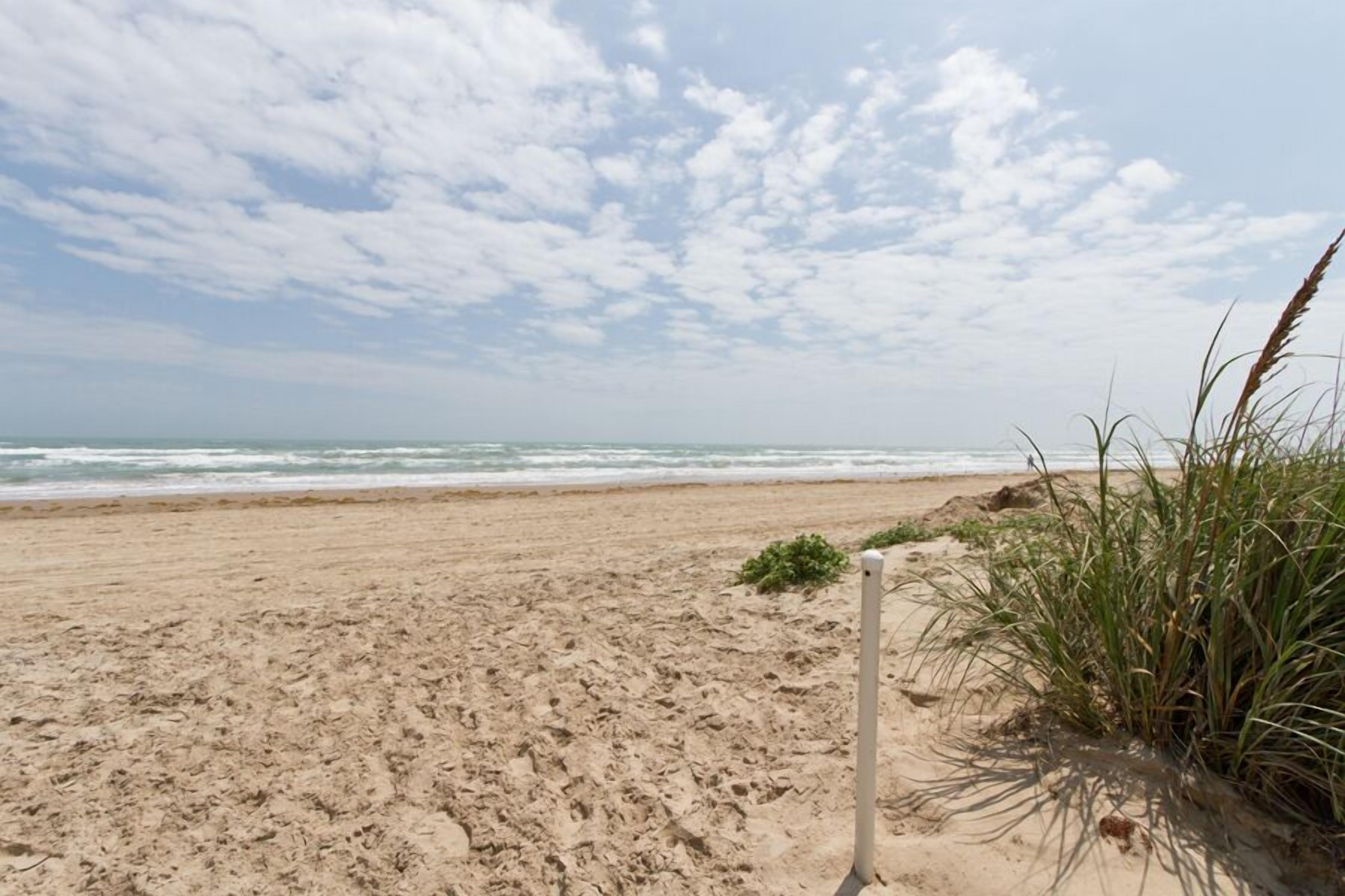 A sandy beach with waves, a clear sky, and some vegetation.