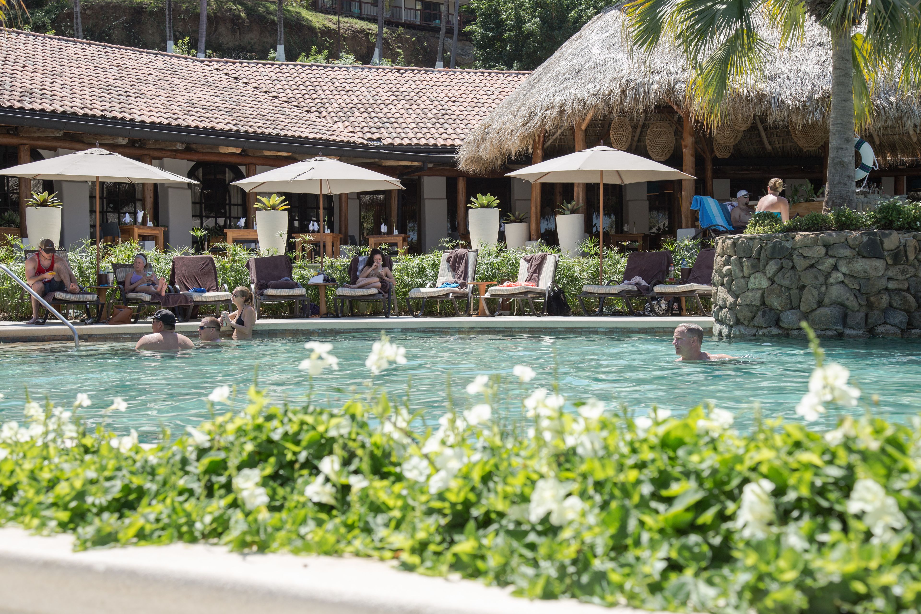 A pool area with lounge chairs and umbrellas, a thatched-roof building, and a stone wall.