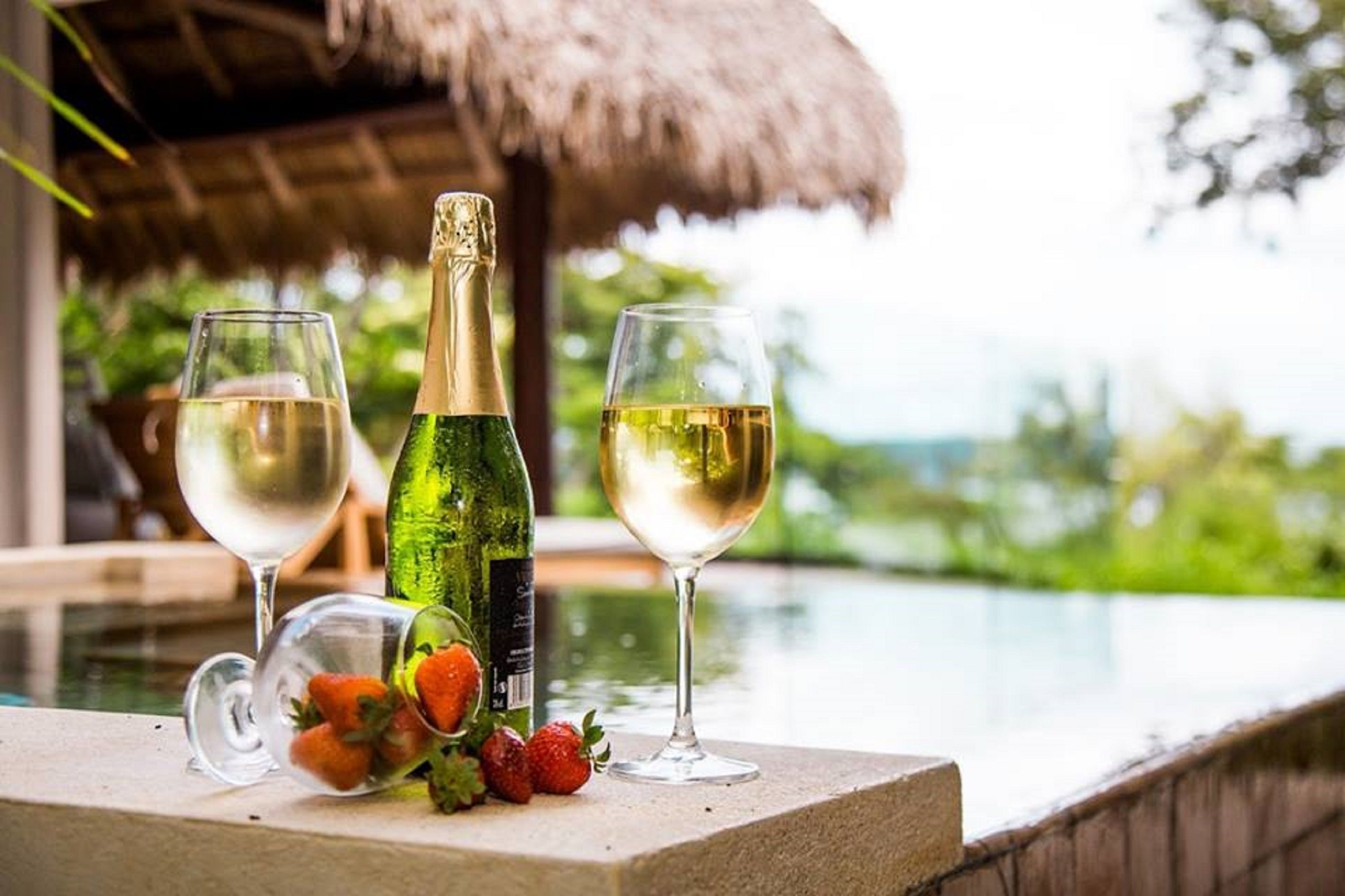 Une bouteille de champagne, deux verres de vin blanc et un verre garni de fraises, posés sur le bord d’une piscine.