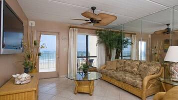 Condo, 2 Bedrooms, 2 Bathrooms, Beach View | Living room | Flat-screen TV, video-game console, DVD player