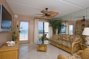 Condo, 2 Bedrooms, 2 Bathrooms, Beach View | Living room | Flat-screen TV, video game console, DVD player