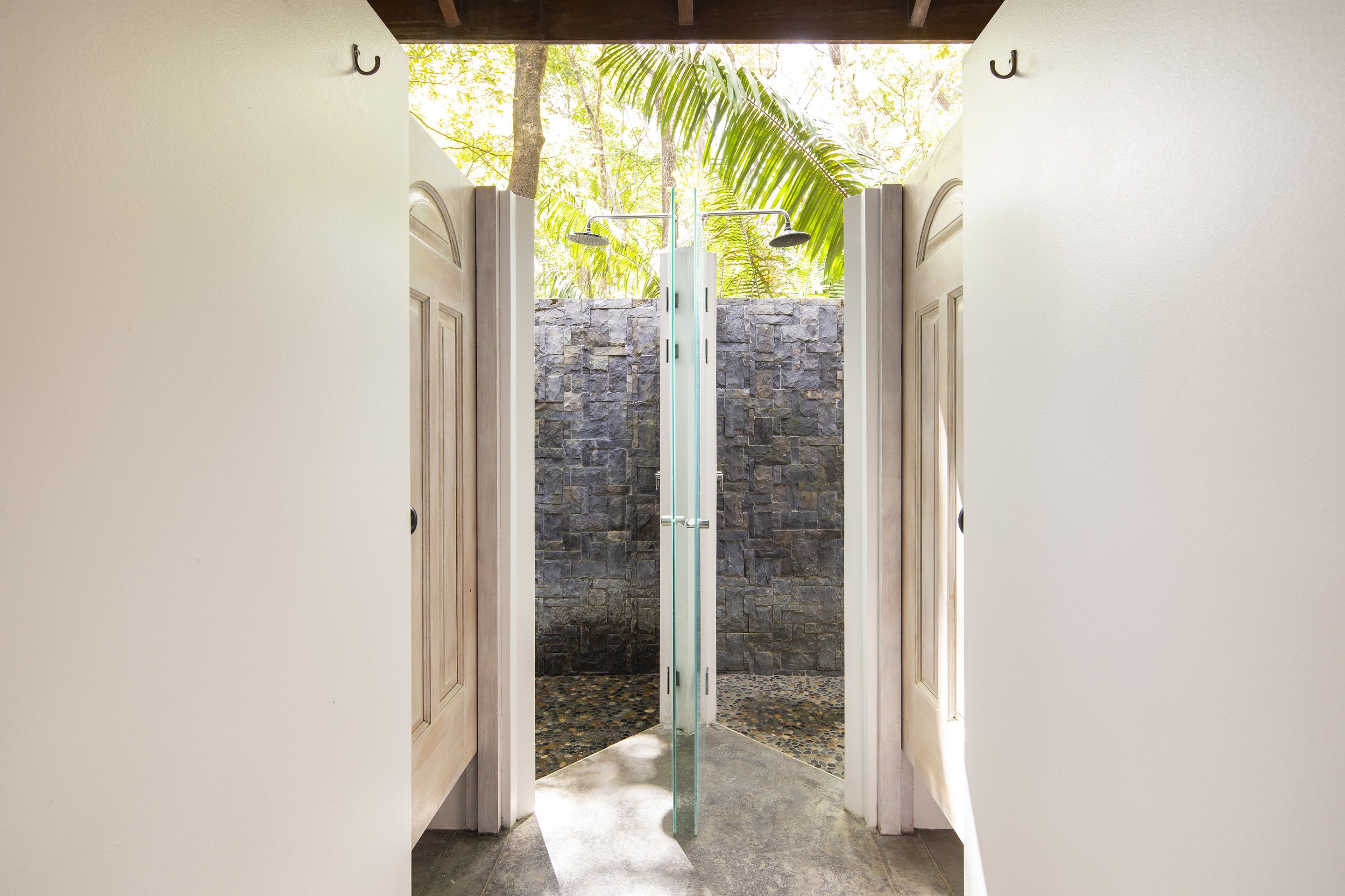 Zona de ducha con paredes de vidrio, pared de piedra y una palmera en el exterior.
