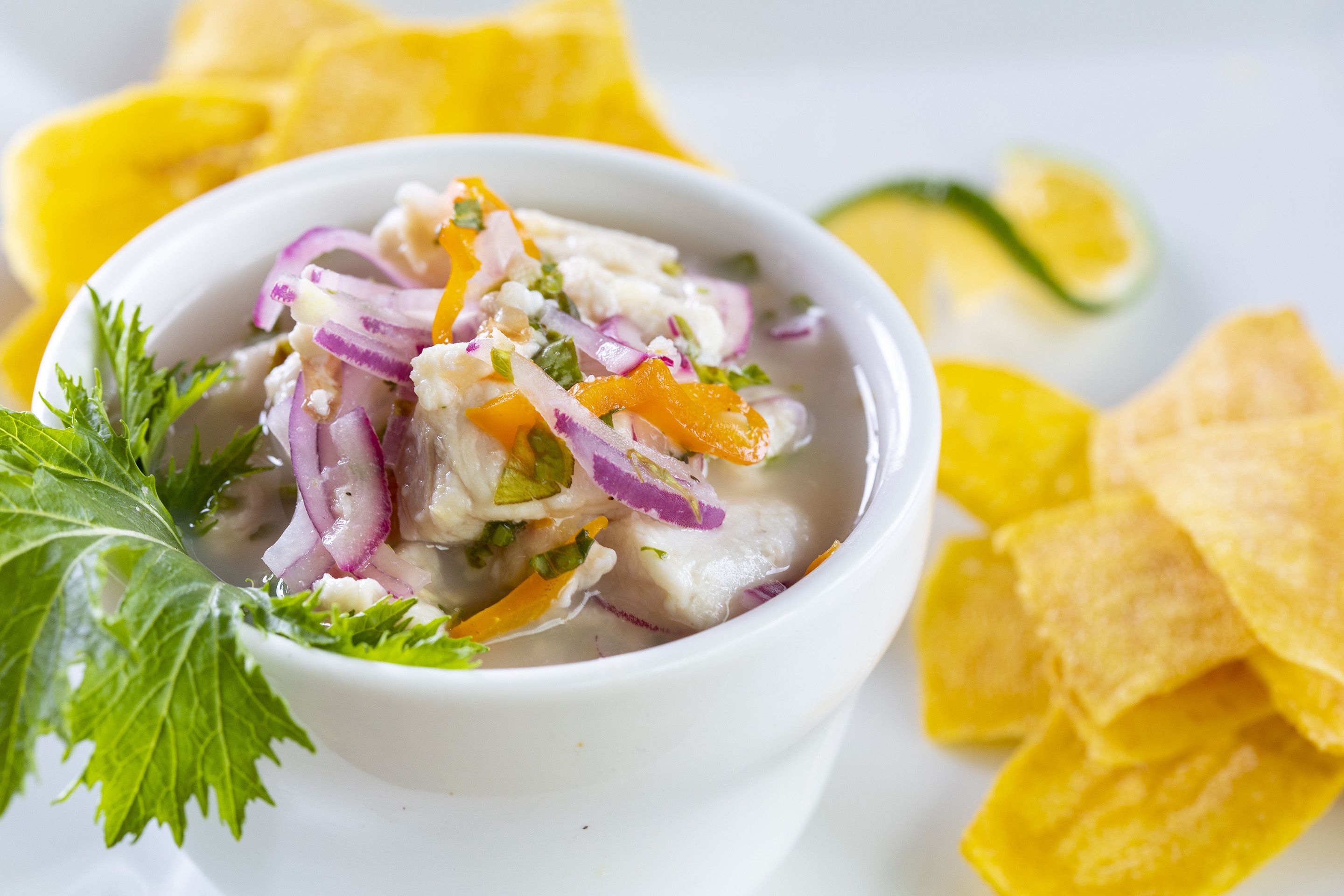 Un plato de ceviche con cebolla roja, cilantro y lima, acompañado de totopos.