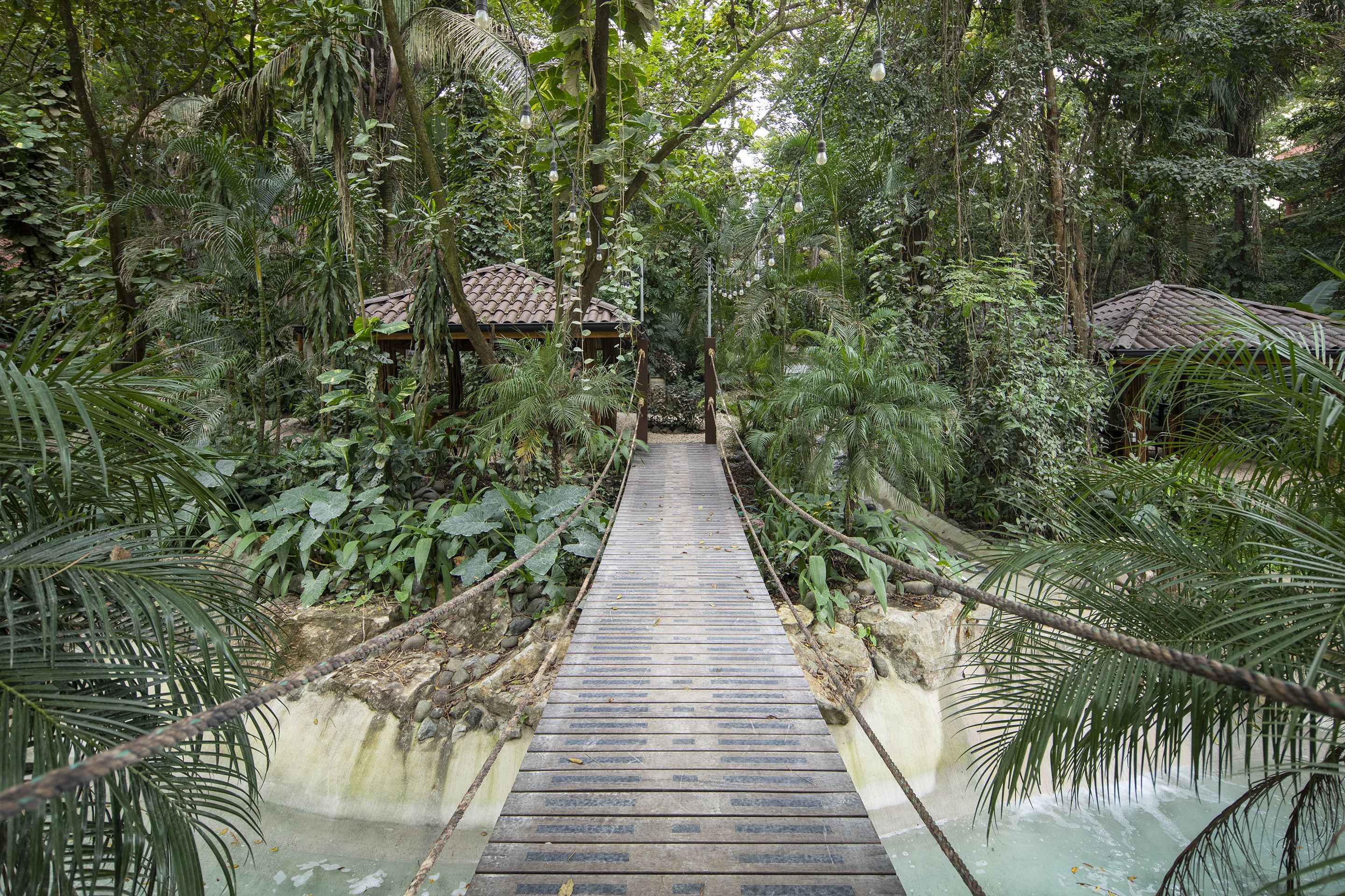 Un puente colgante de madera en un bosque tropical exuberante, con un pequeño edificio al final.