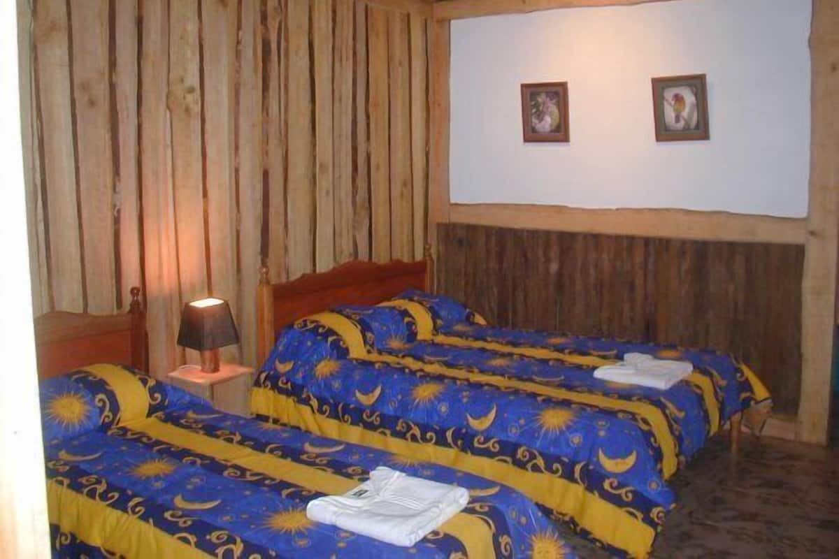 Quarto com duas camas, paredes de madeira e duas molduras na parede.