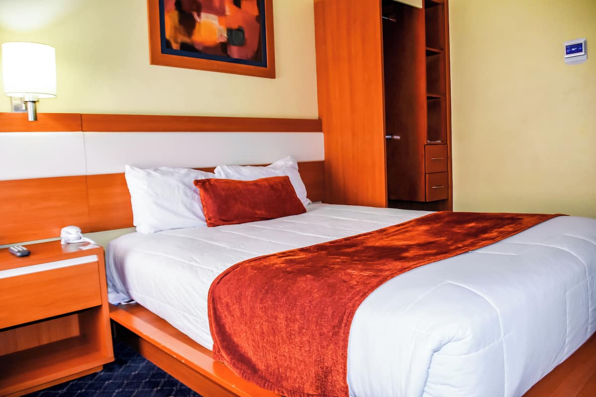 Una habitación de hotel con una cama, una mesita de noche, una lámpara, un cuadro en la pared y un armario.