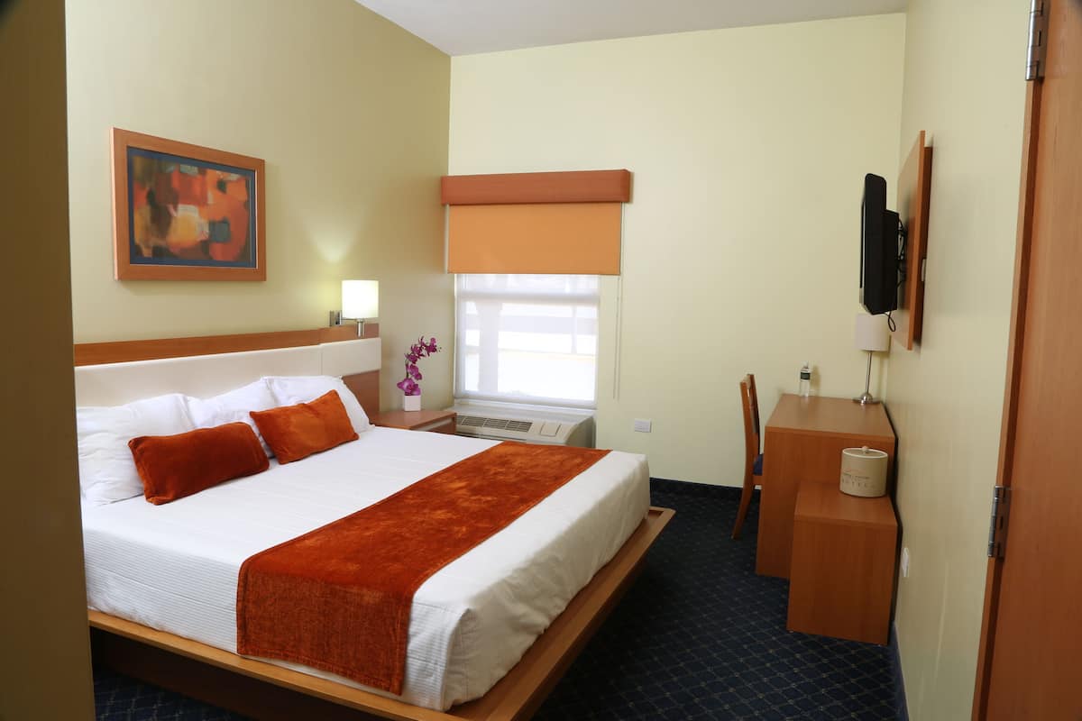 Habitación de hotel con cama, mesita de noche, televisor, escritorio, silla y ventana con persianas.