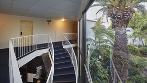 A spiral staircase with white railings, carpeted steps, and a view of a palm tree through a window.