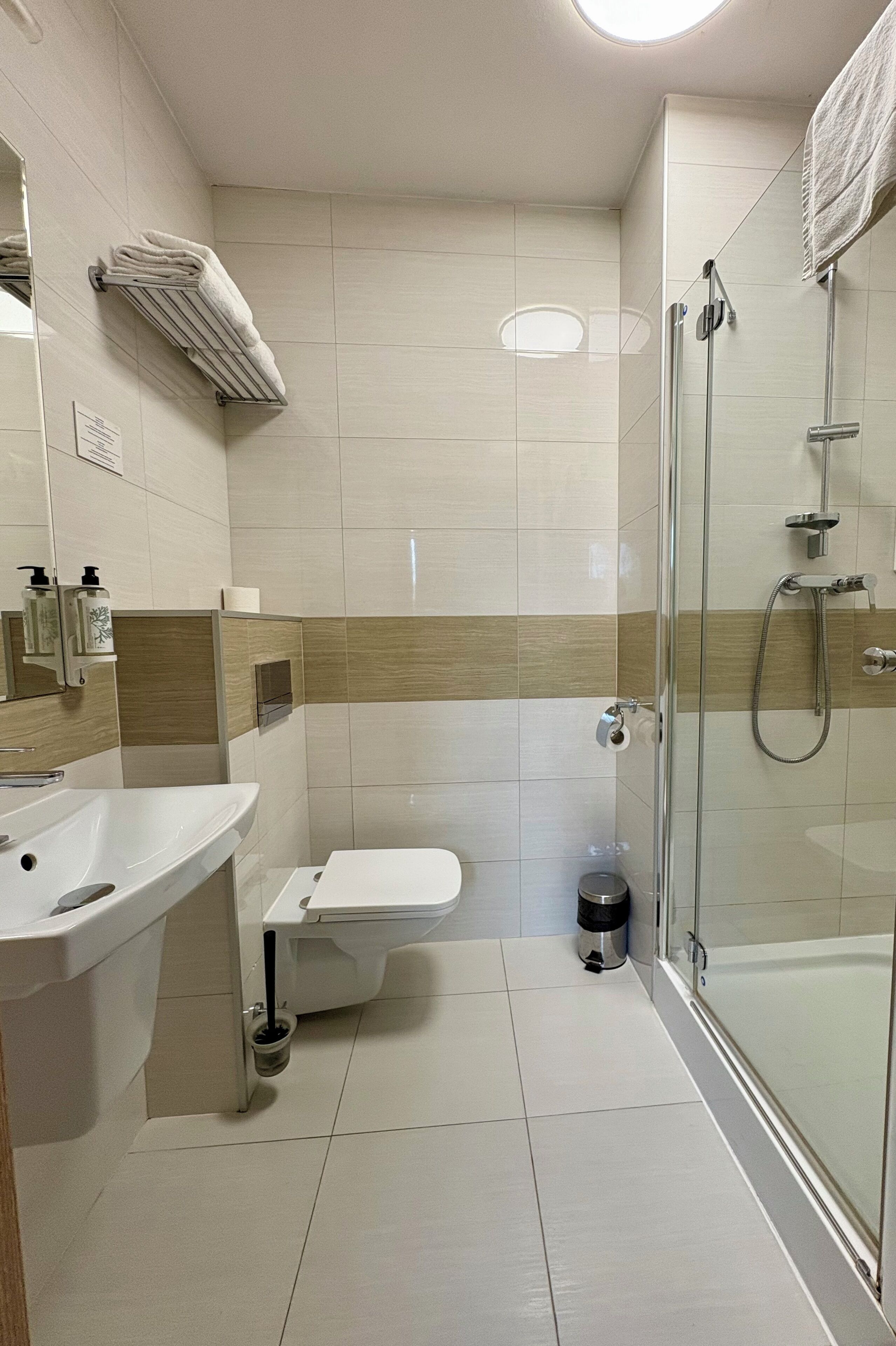 Un baño moderno con ducha envuelta en vidrio, un lavamanos, un inodoro y un perchero para toallas.