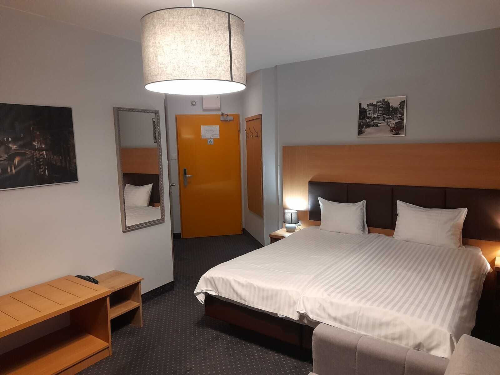 A hotel room with a large bed, a bedside table, a mirror, a door, and a wall-mounted picture.