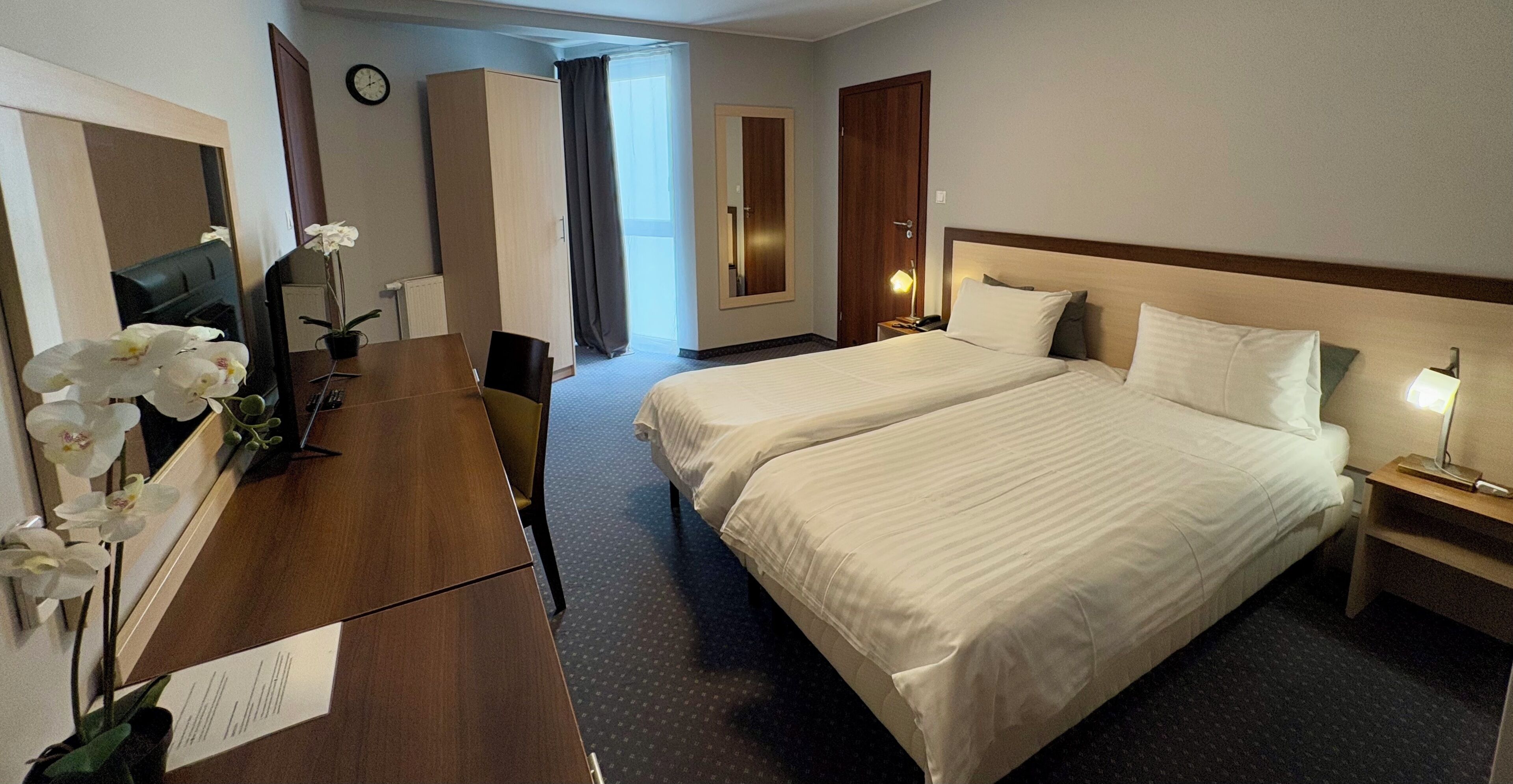 Une chambre d’hôtel avec un lit, un bureau, une chaise, une télévision et un miroir.