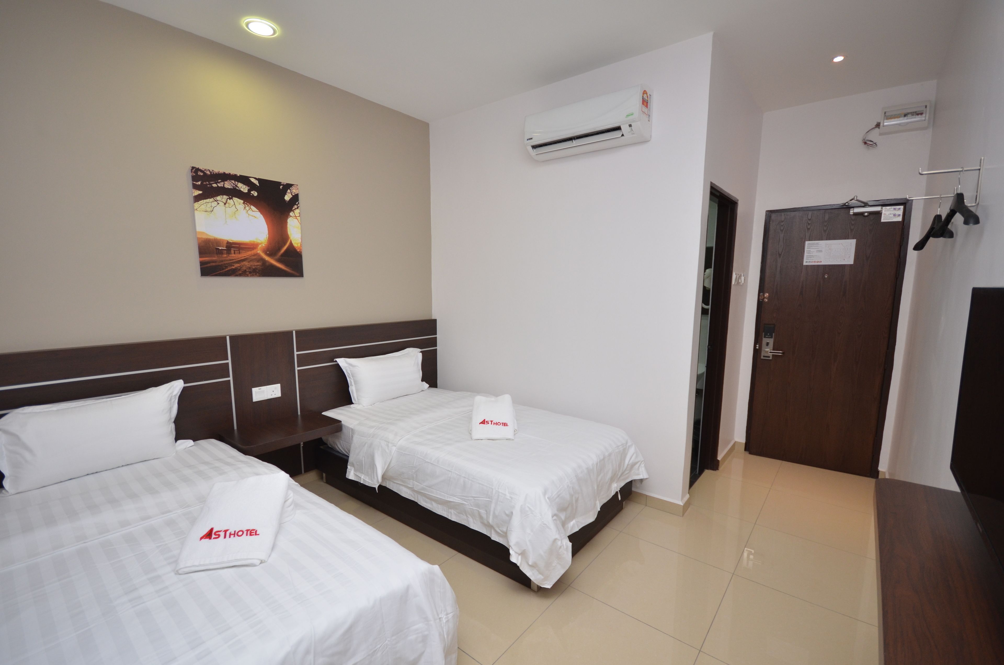 A hotel room with two beds, a painting on the wall, an air conditioning unit, and a door with a coat rack.