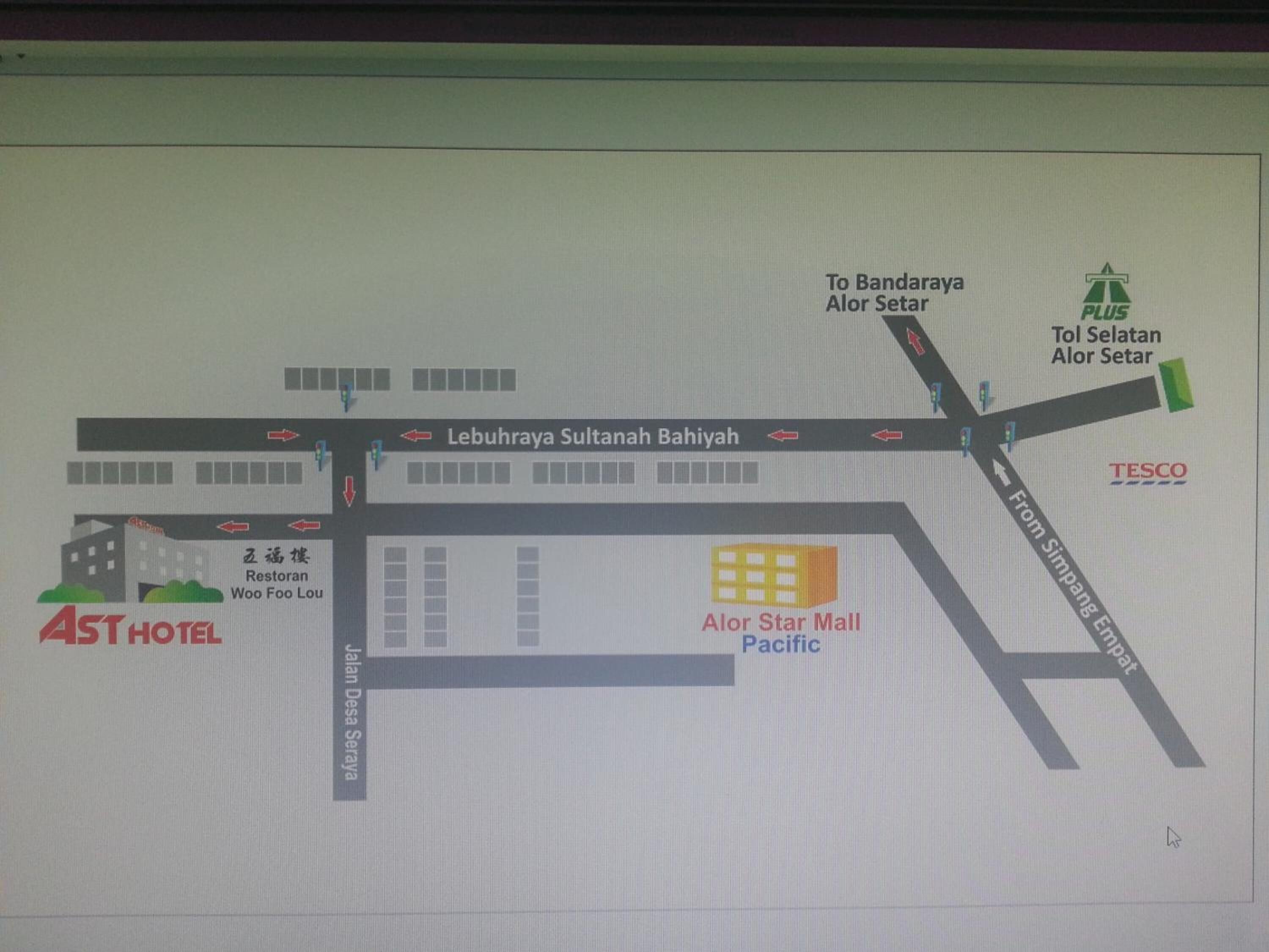A map of a shopping area with a Tesco store, Alor Star Mall, and a hotel.