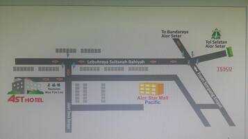 A map of a shopping area with a Tesco store, Alor Star Mall, and a hotel.