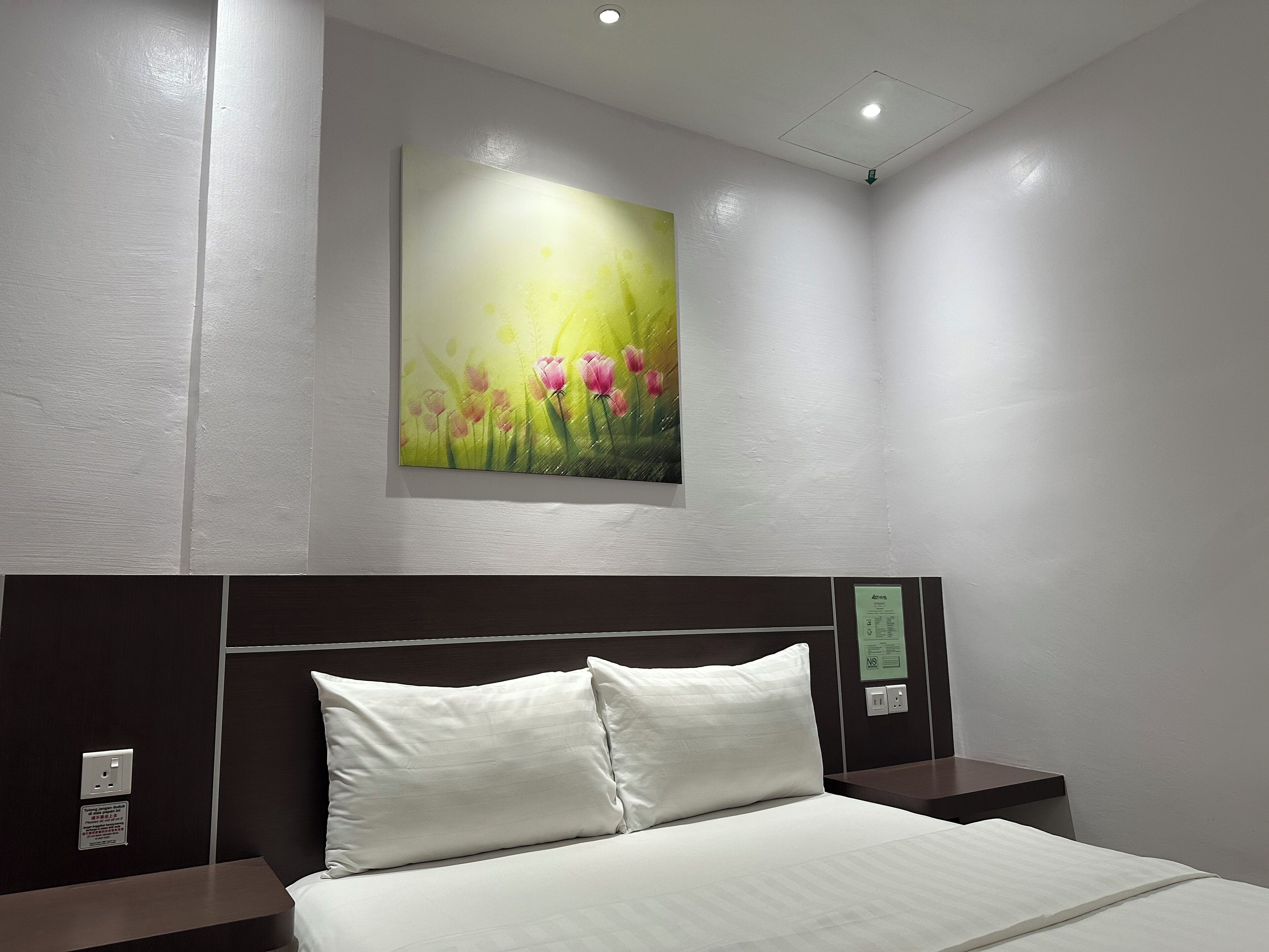 A hotel room with a bed, a nightstand, a wall-mounted painting of flowers, and a ceiling light.