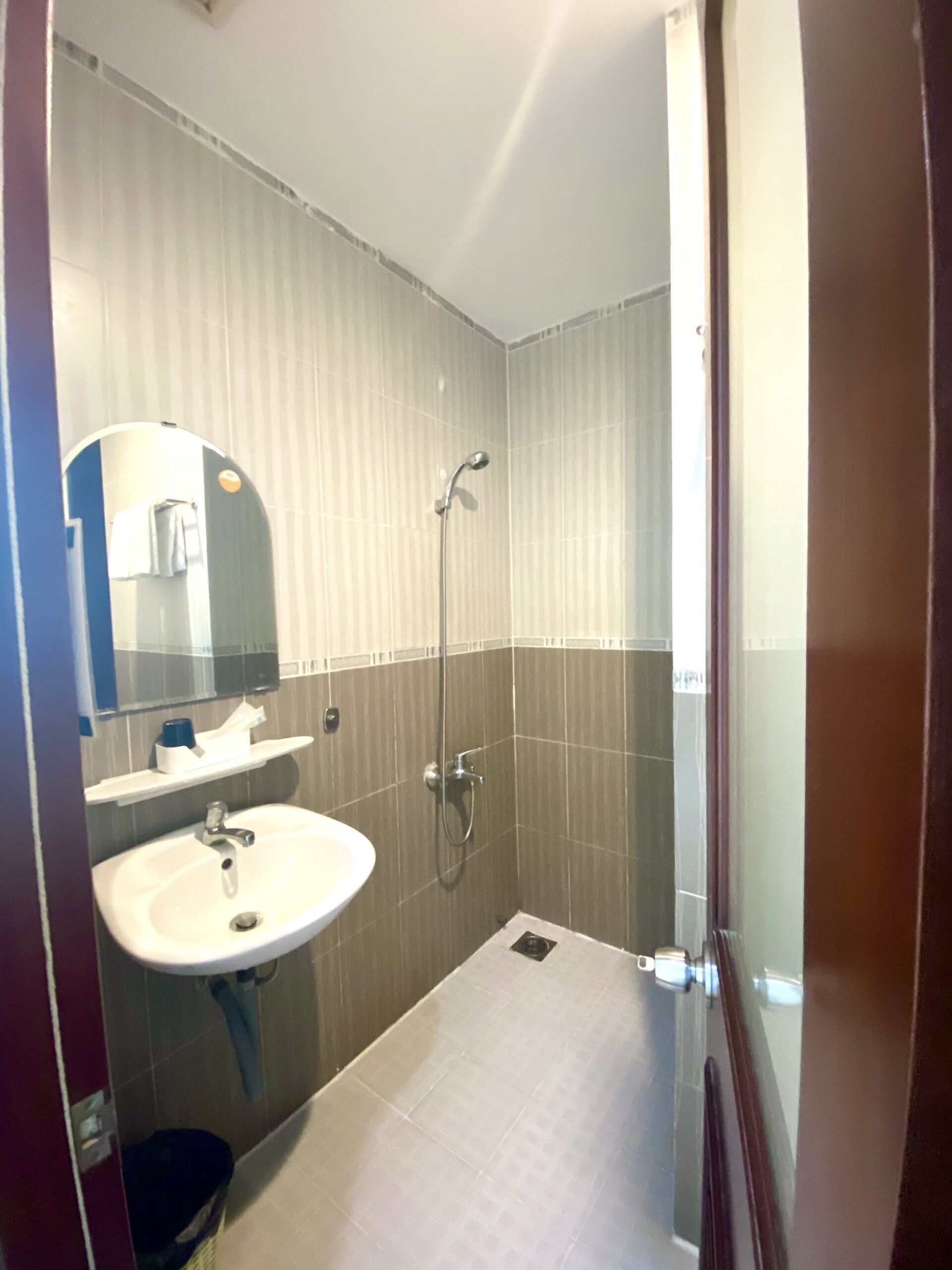 A small, modern bathroom with a sink, mirror, and shower.