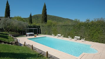 Outdoor pool, open 8:30 AM to 8:00 PM, pool umbrellas, pool loungers