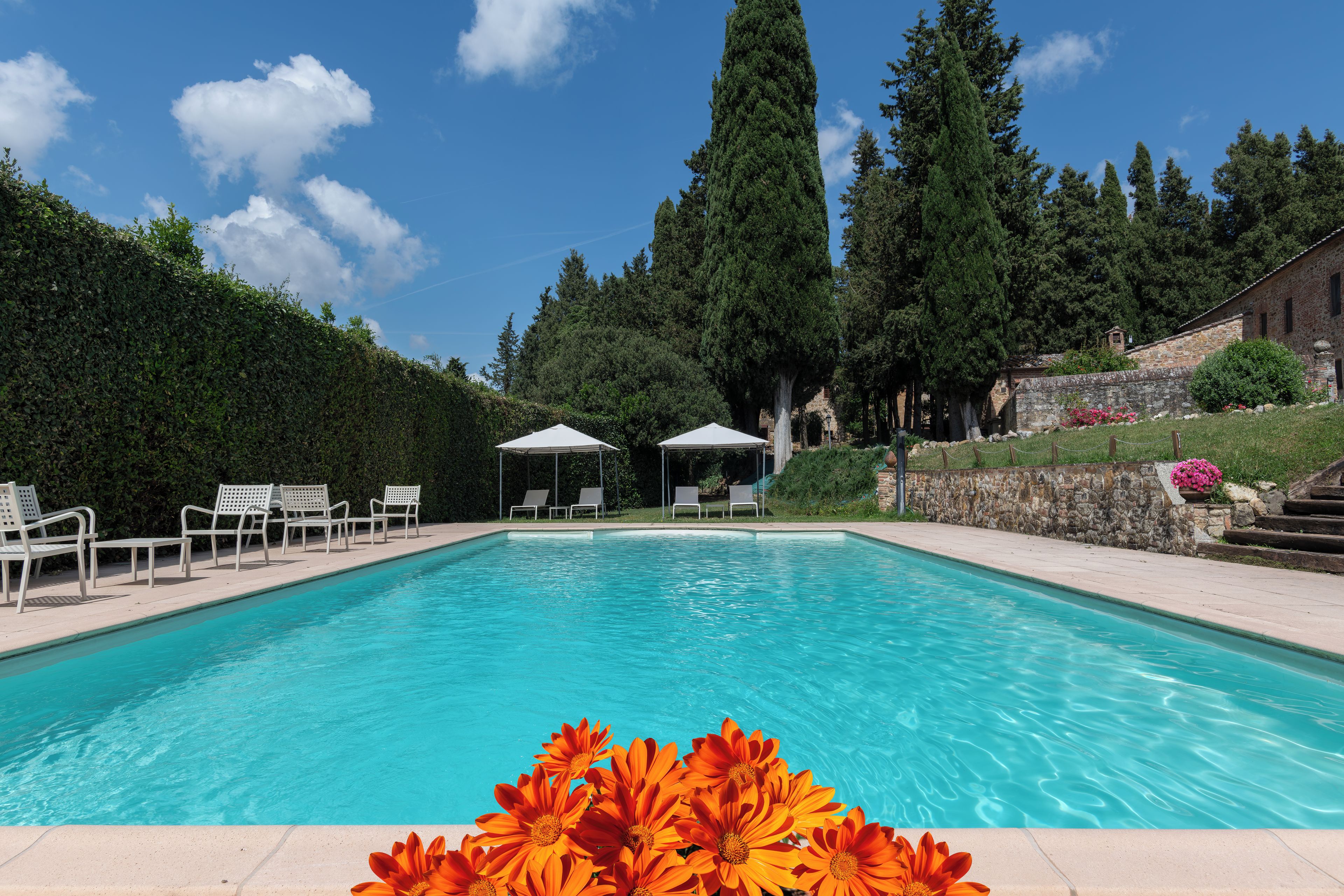 A swimming pool with lounge chairs and umbrellas, surrounded by trees and a stone wall.