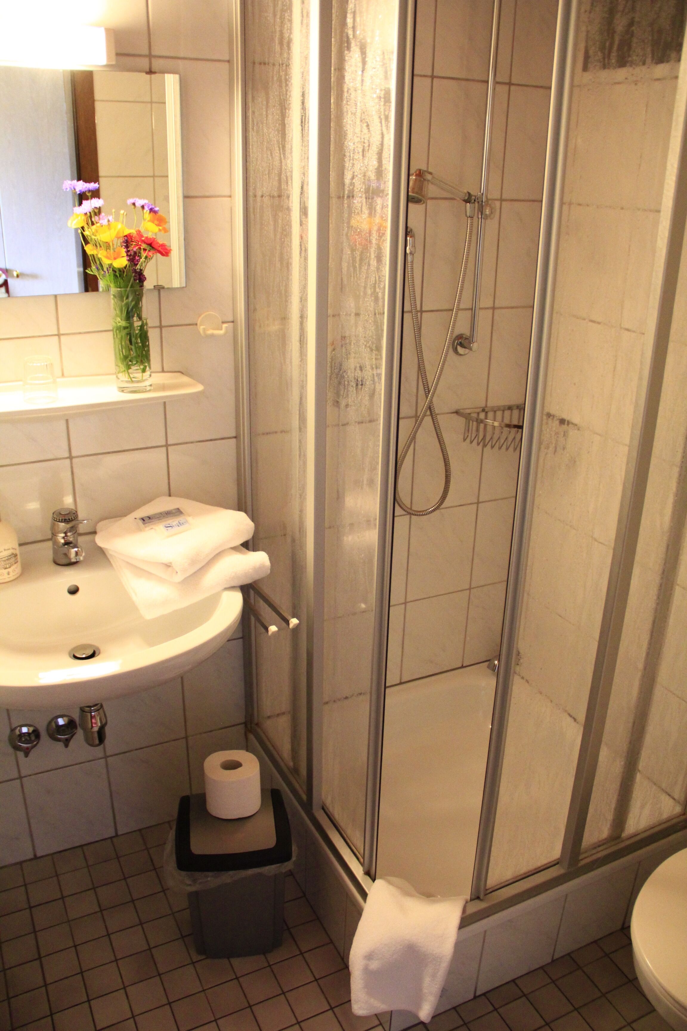 Une salle de bain avec un lavabo, un miroir et une douche.