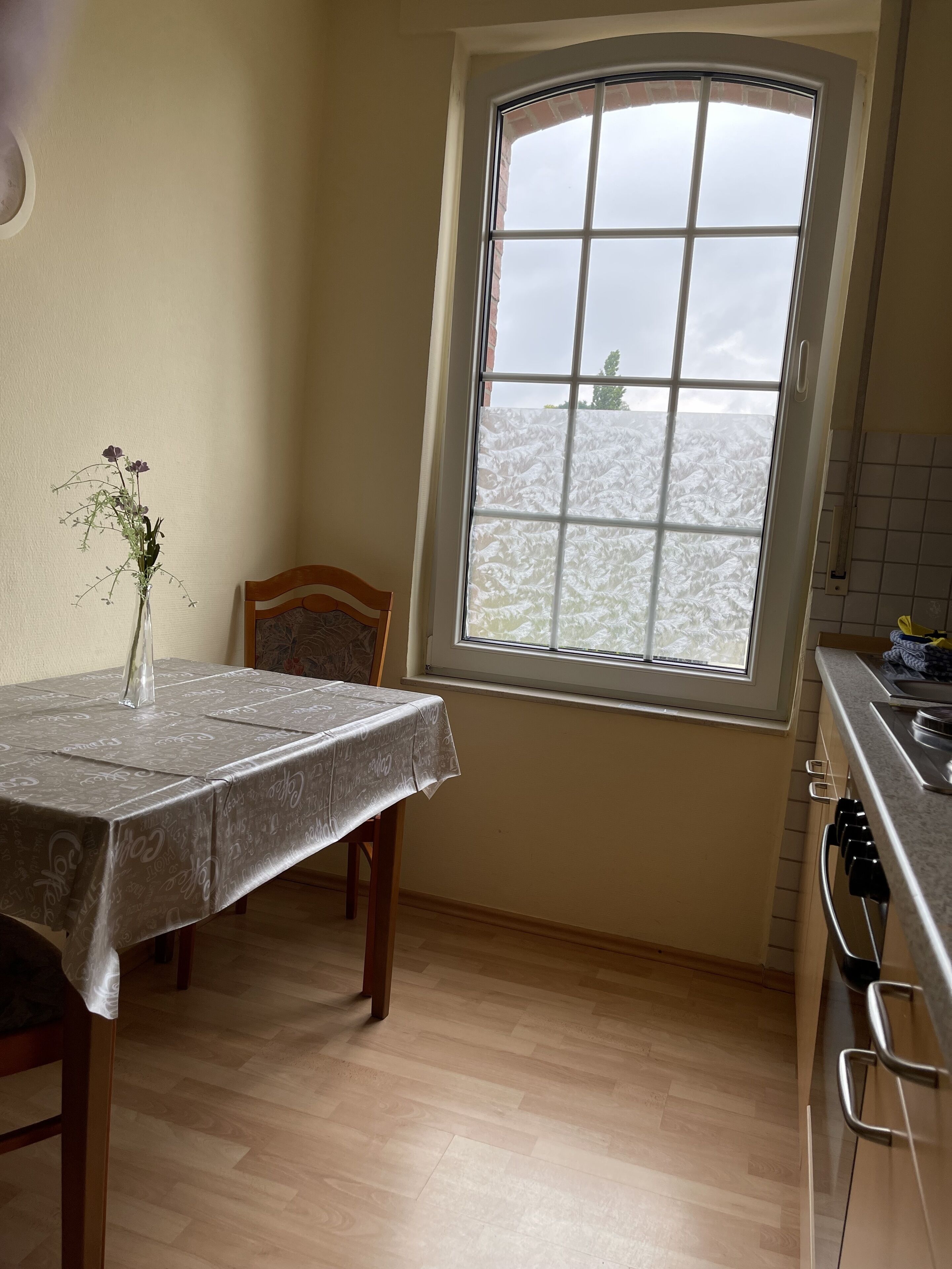 A kitchen with a dining table, a vase with flowers, and a window with a view of a snowy landscape.