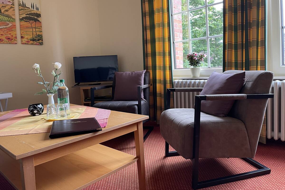 A living room with a sofa, a TV, a table with a laptop, and a window with curtains.
