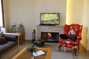 Suite Junior, 1 camera da letto, caminetto, vista giardino | Area soggiorno | TV a schermo piatto, caminetto