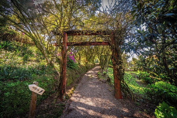 Un sendero de grava serpentea por una zona boscosa, con un arco de madera y un indicador de dirección.