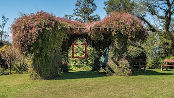 Un jardín con un pérgola de madera cubierta de enredaderas con flores.