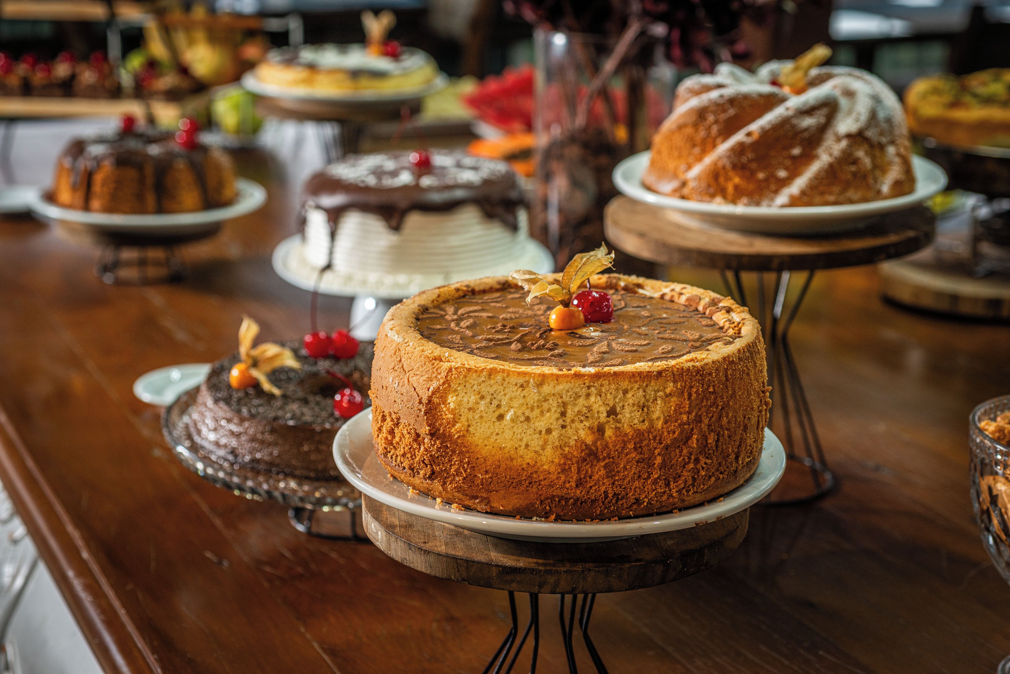 A variety of cakes on display.